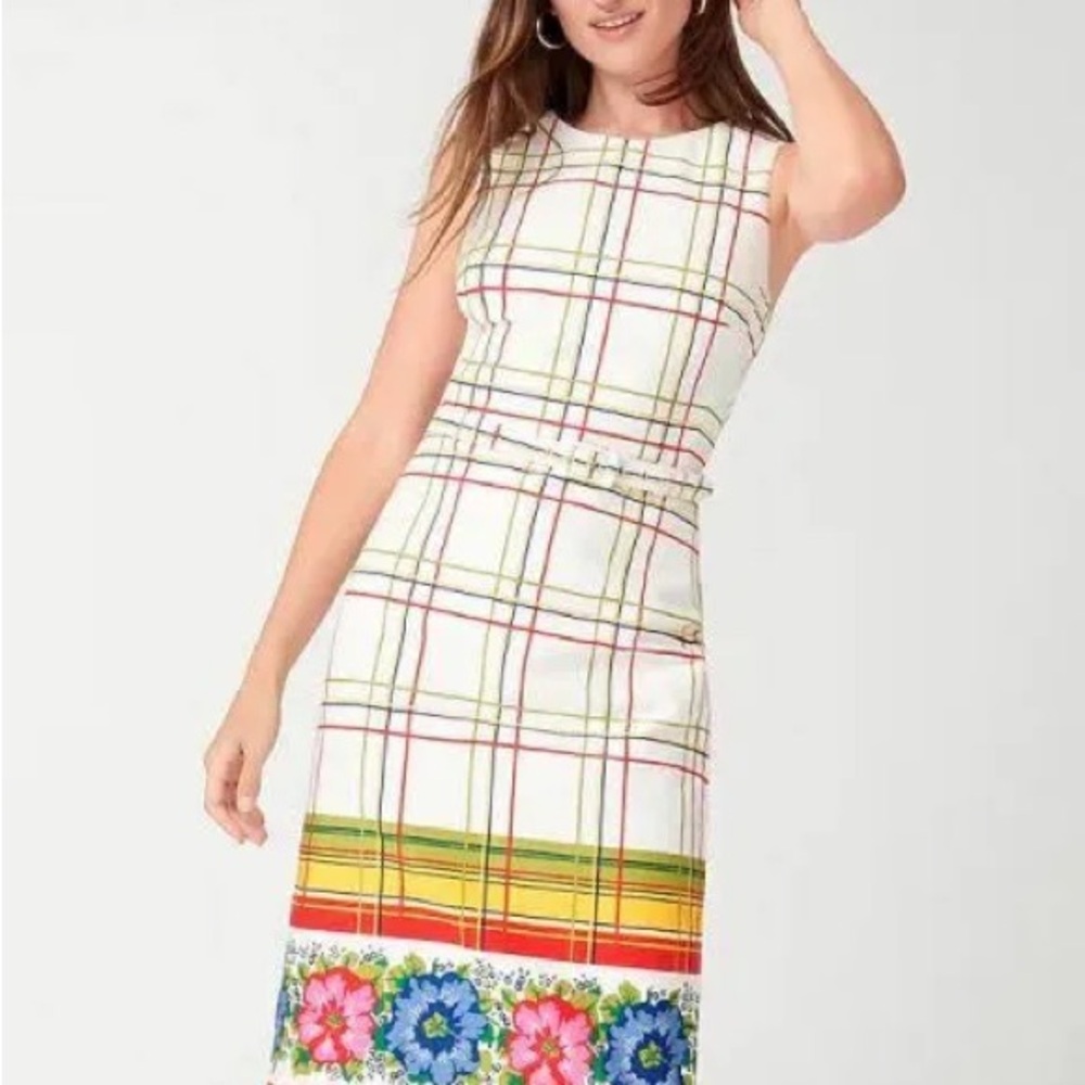 J. Crew White Plaid Belted Dress with Floral Hem